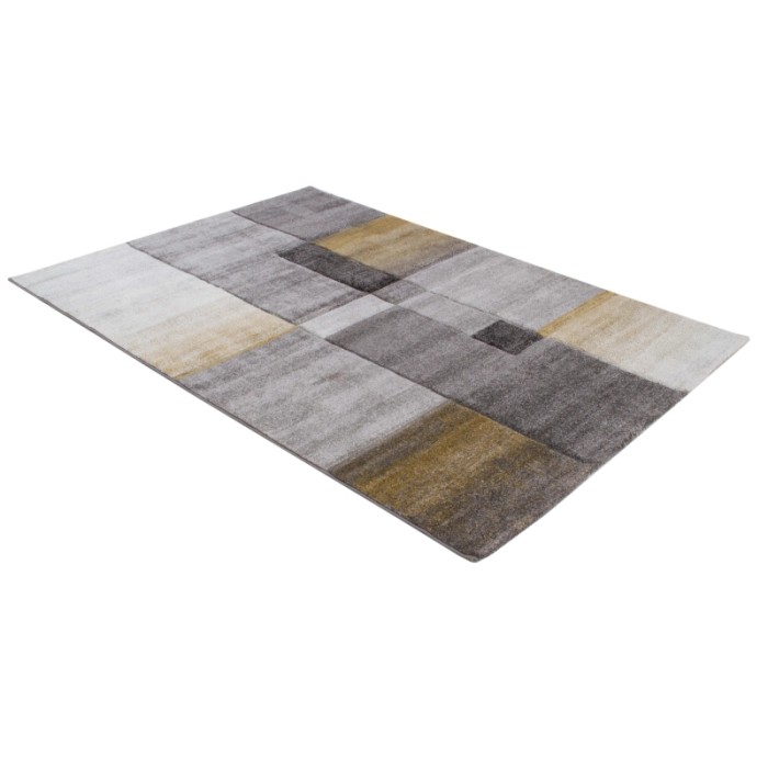 Tappeto moderno con motivo geometrico nei toni del grigio e dell'oro.