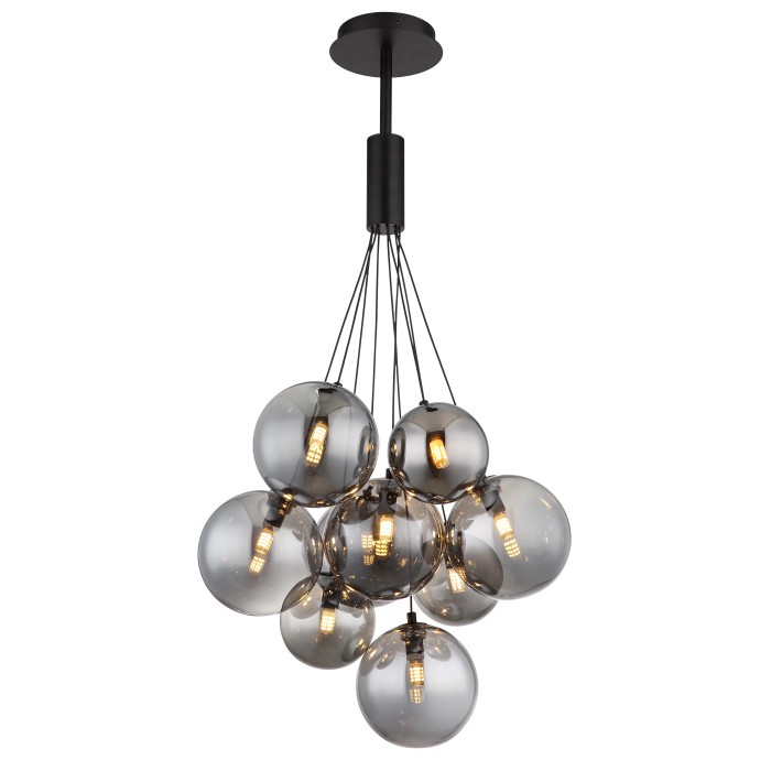 Lampada a sospensione moderna con nove sfere di vetro grigio e sospensione nera.