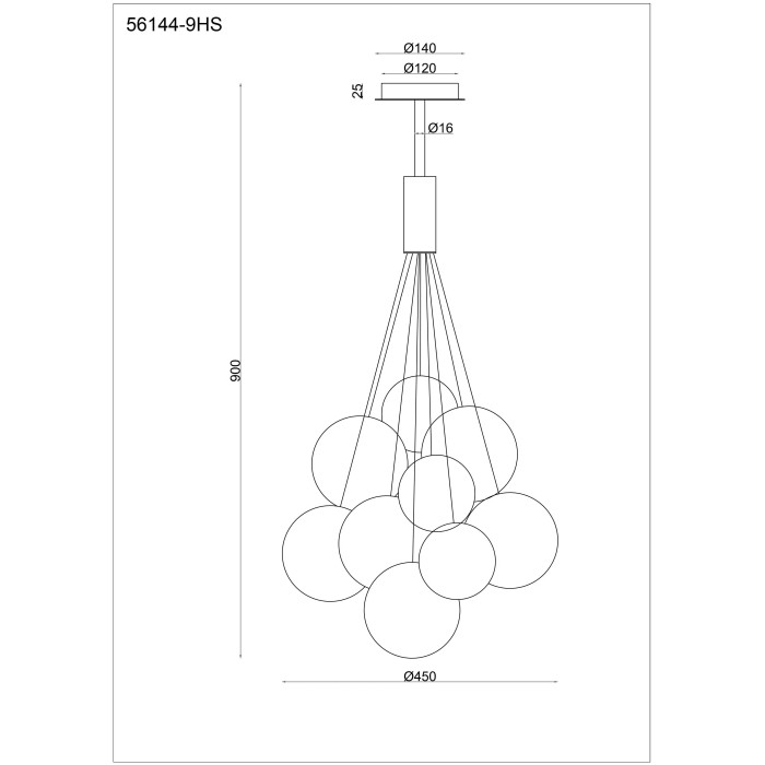 Disegno tecnico della lampada a sospensione t.b.t. con dimensioni.