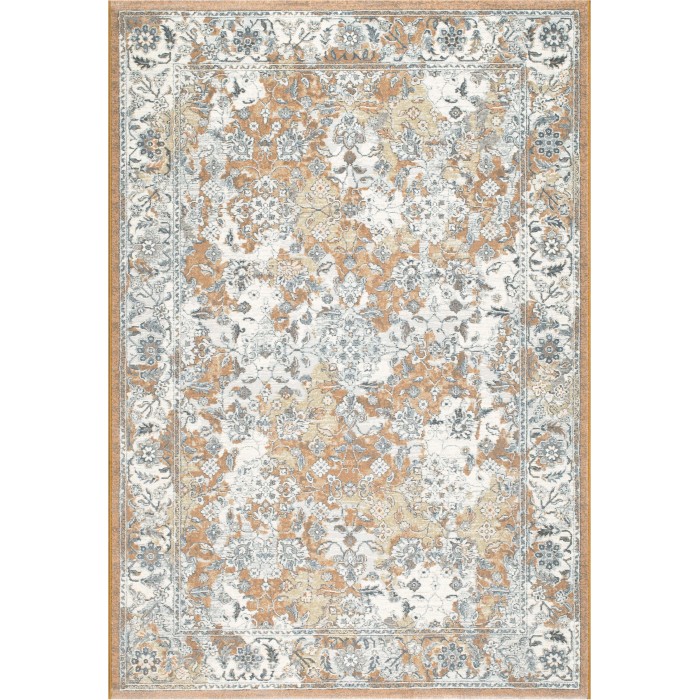Tappeto moderno con motivo floreale in beige, marrone e grigio.