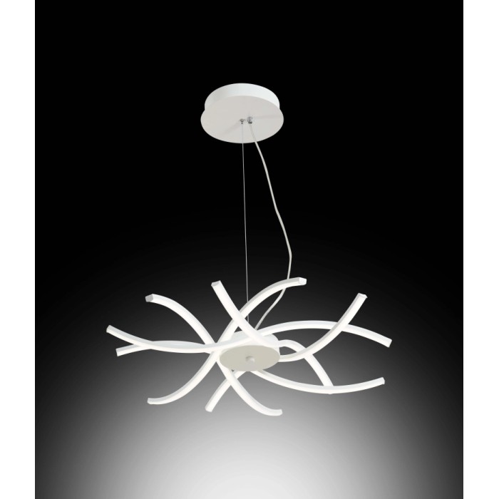 Moderna lampada a sospensione t.b.t. bianca con bracci LED curvi per un'illuminazione elegante.