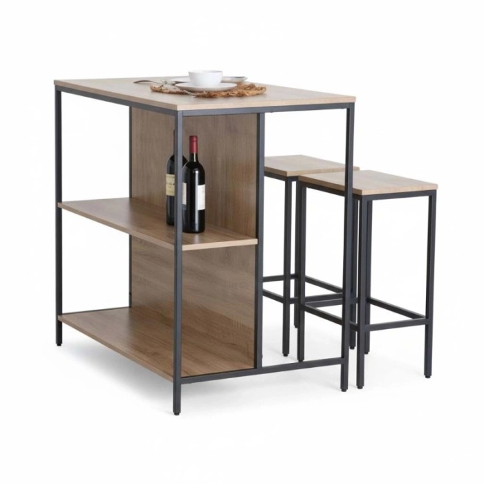 Mobile bar 2 sgabelli in legno e metallo legno chiaro