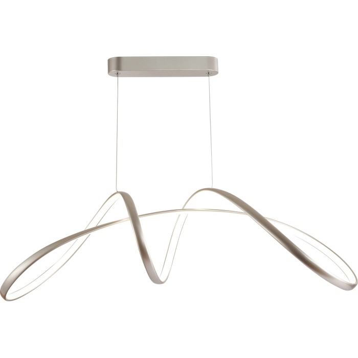 Moderna lampada a sospensione t.b.t. in argento con design curvo per spazi abitativi.