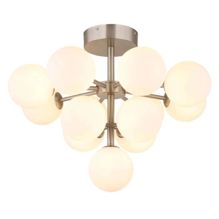 Plafoniera LED moderna con diverse lampade rotonde bianche e struttura argentata.