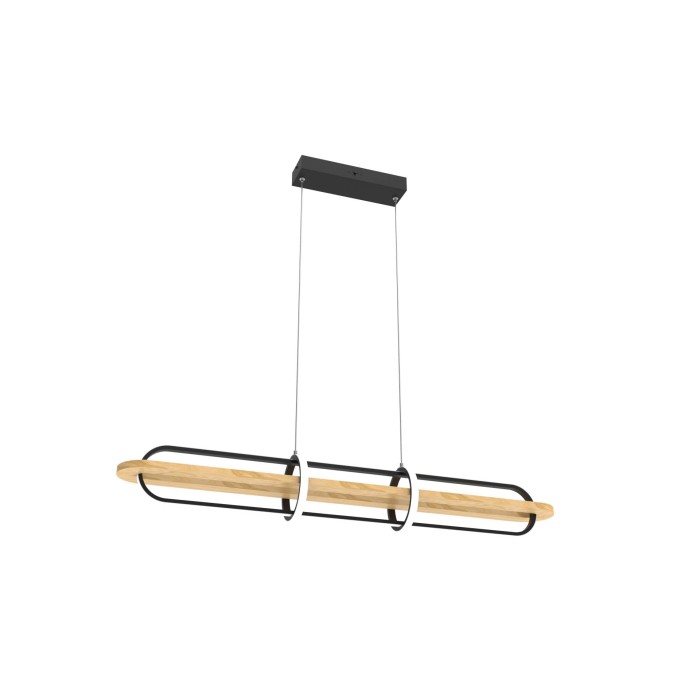 Lampada a sospensione t.b.t. moderna con elementi in legno e metallo per interni.