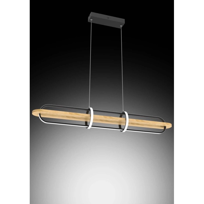 Lampada a sospensione moderna con legno, metallo e LED per sala da pranzo e soggiorno.