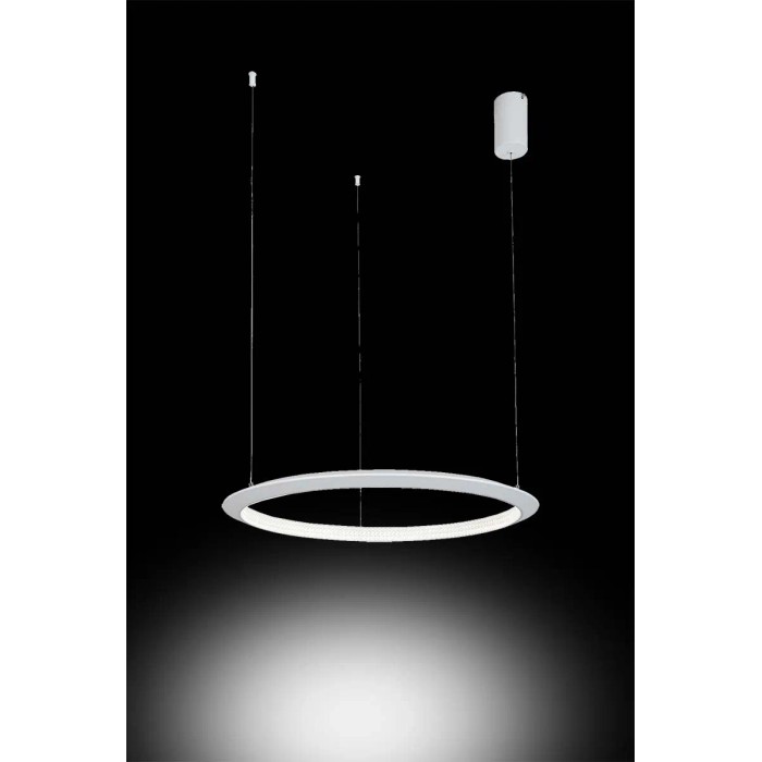 Moderna lampada a sospensione LED rotonda bianca per illuminazione elegante.