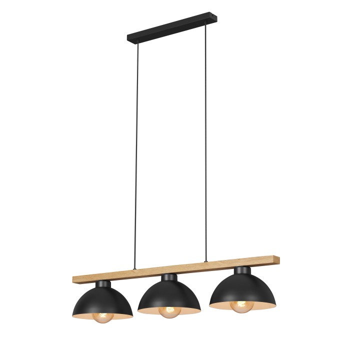Lampada a sospensione nera con tre lampade e trave in legno per sala da pranzo e soggiorno.