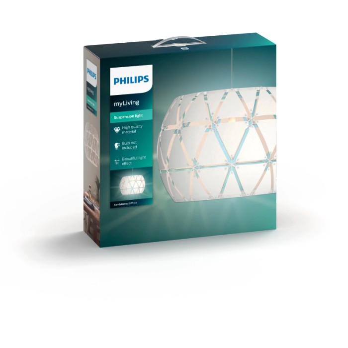Confezione della lampada a sospensione Philips Sandalwood, lampada pendente bianca con motivo triangolare, Ø 80 cm.