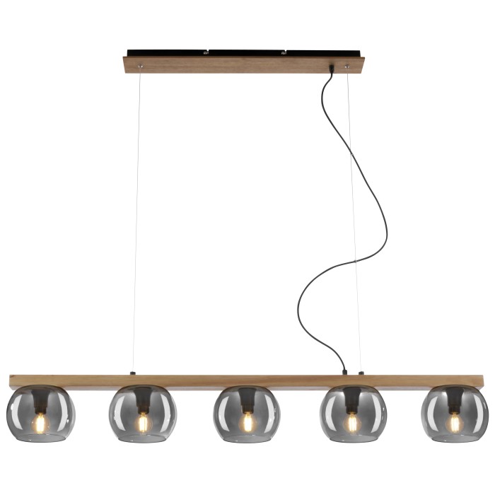Lampada a sospensione moderna con cinque globi in vetro grigio e dettagli in legno.
