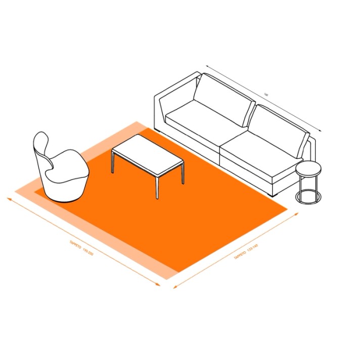 Illustrazione di un tappeto moderno con mobili per visualizzare le dimensioni.