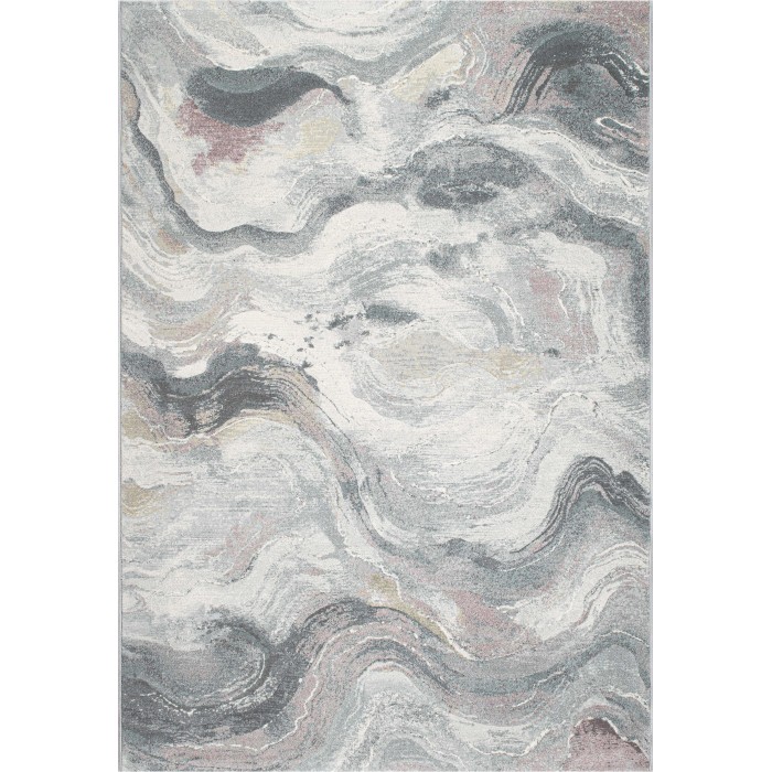 Tappeto moderno con design astratto marmorizzato in grigio, bianco e rosa.