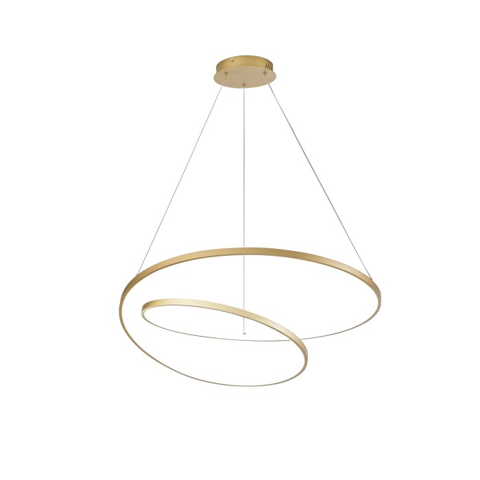 Lampada a sospensione a LED moderna color oro con design curvo.