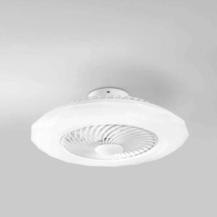 Plafoniera LED bianca t.b.t. con ventilatore integrato.