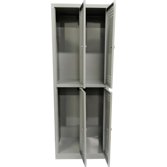 Armadietto metallico grigio t.b.t. con quattro scomparti e ante aperte.