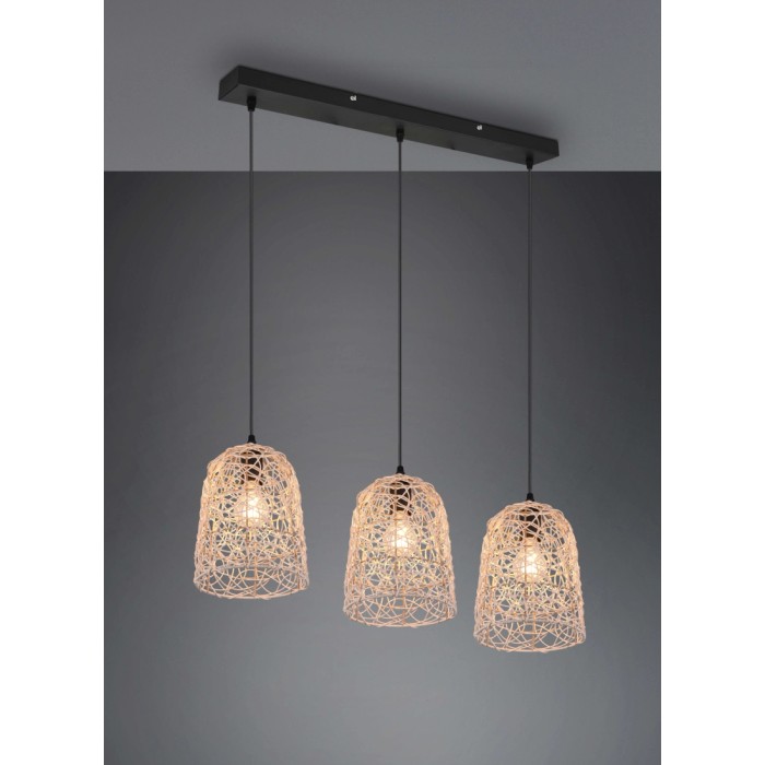 Lampada a sospensione t.b.t. a tre luci con paralumi intrecciati.