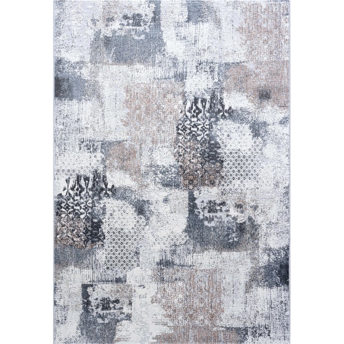 Tappeto moderno con motivo astratto in grigio, beige e bianco.