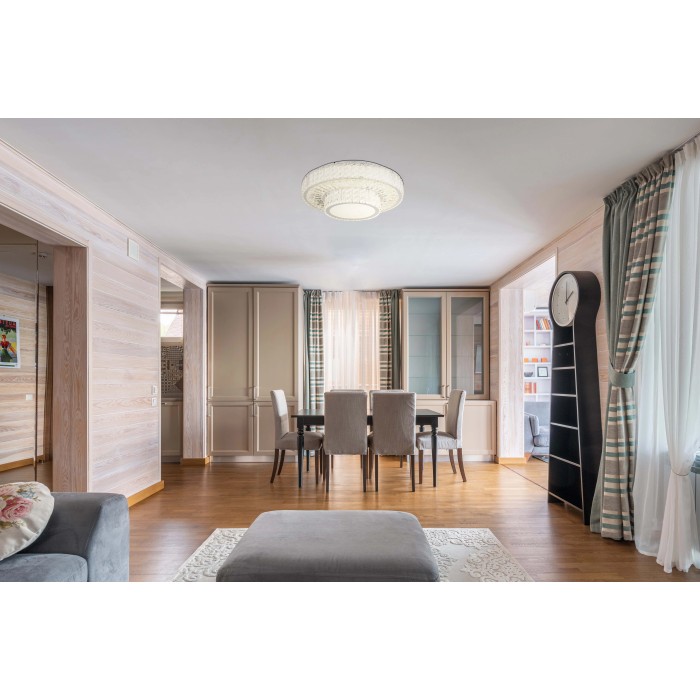 Plafoniera LED t.b.t. moderna in soggiorno, lampada da soffitto con luce calda.
