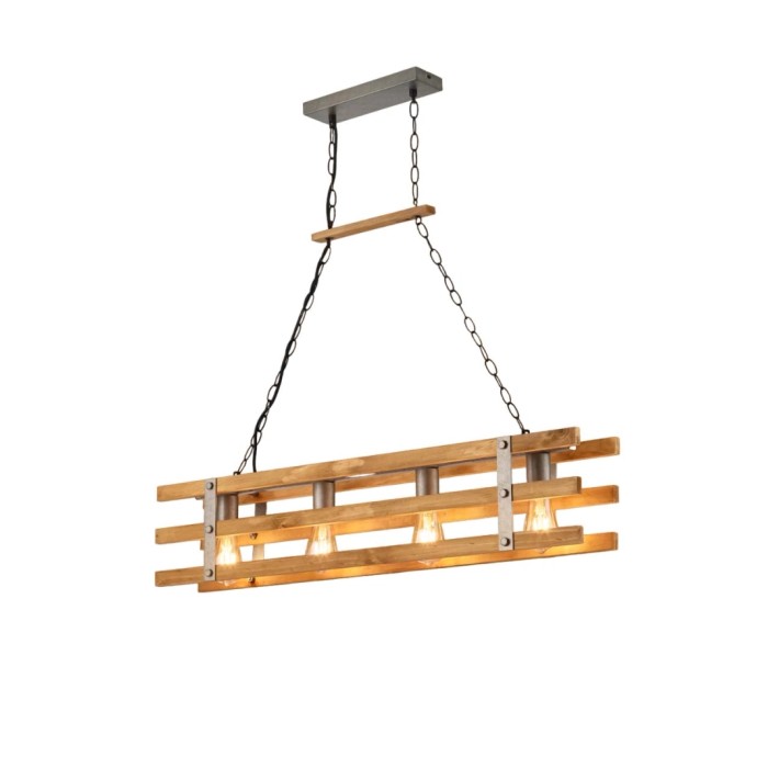 Lampada a sospensione in legno t.b.t. in stile rustico con tre luci.