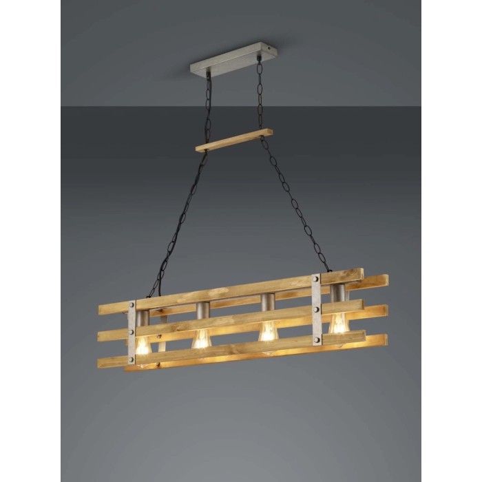 Lampada a sospensione in legno con quattro lampade in stile rustico. Lampadario rustico per sala da pranzo e soggiorno.