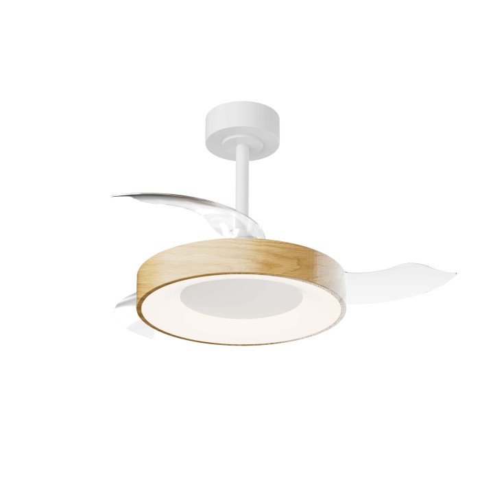 Plafoniere LED moderna t.b.t. con effetto legno e pale bianche.