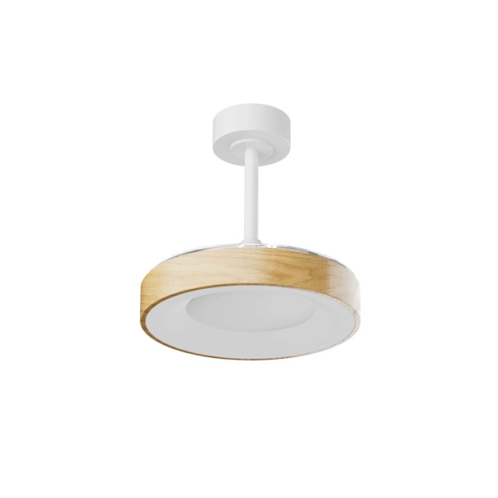 Plafoniera LED moderna con cornice in legno e diffusore bianco.