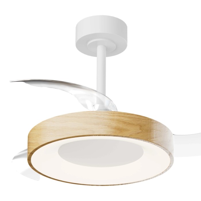 Plafoniere LED moderna t.b.t. con effetto legno e pale trasparenti.