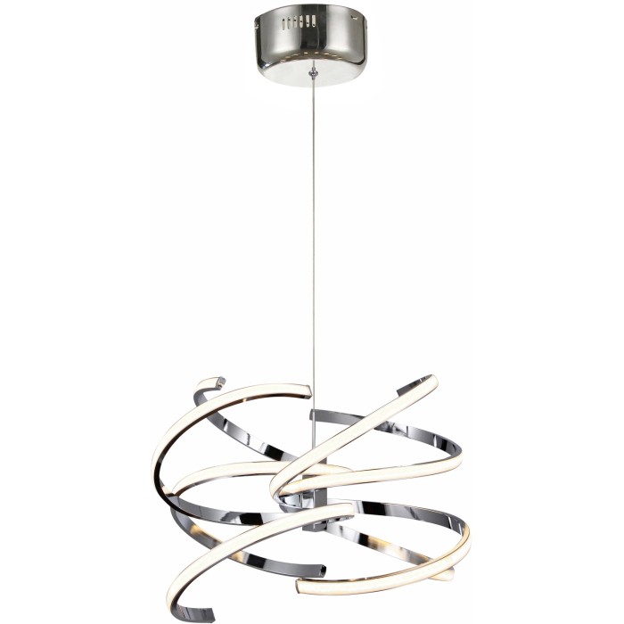 Moderna lampada a sospensione t.b.t. in look cromato con spirali LED per un'illuminazione elegante.