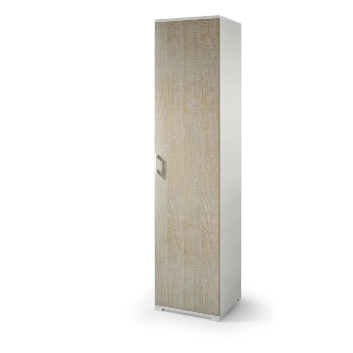 Armadio stretto bianco con anta effetto legno. Ideale per piccoli spazi.