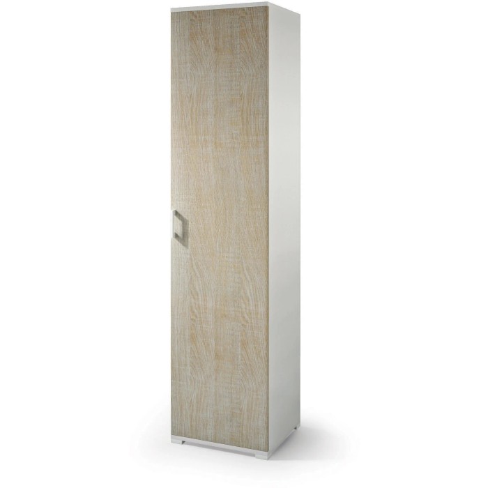 Armadio stretto bianco con anta effetto legno e maniglia argentata.