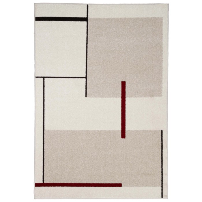 Tappeto moderno con motivo geometrico in beige, bianco e rosso.