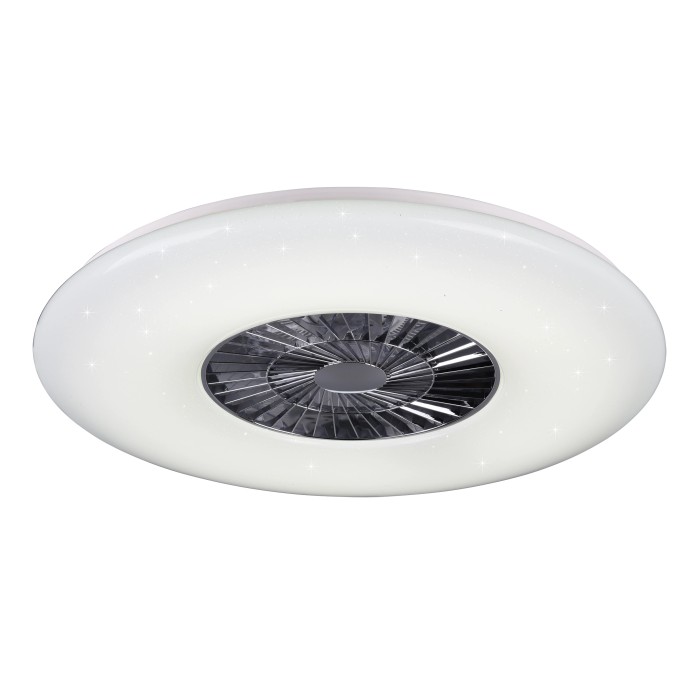 Plafoniera LED Trio Visby bianca con ventilatore e dettagli cromati. Plafoniera moderna con effetto starlight.