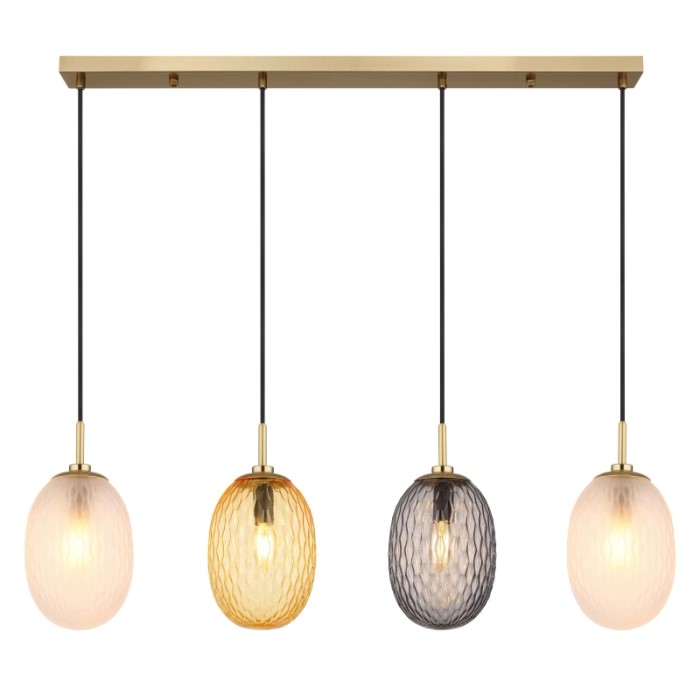 Lampada a sospensione t.b.t. con quattro paralumi in vetro colorato. Lampada a sospensione moderna per sala da pranzo e soggiorno.