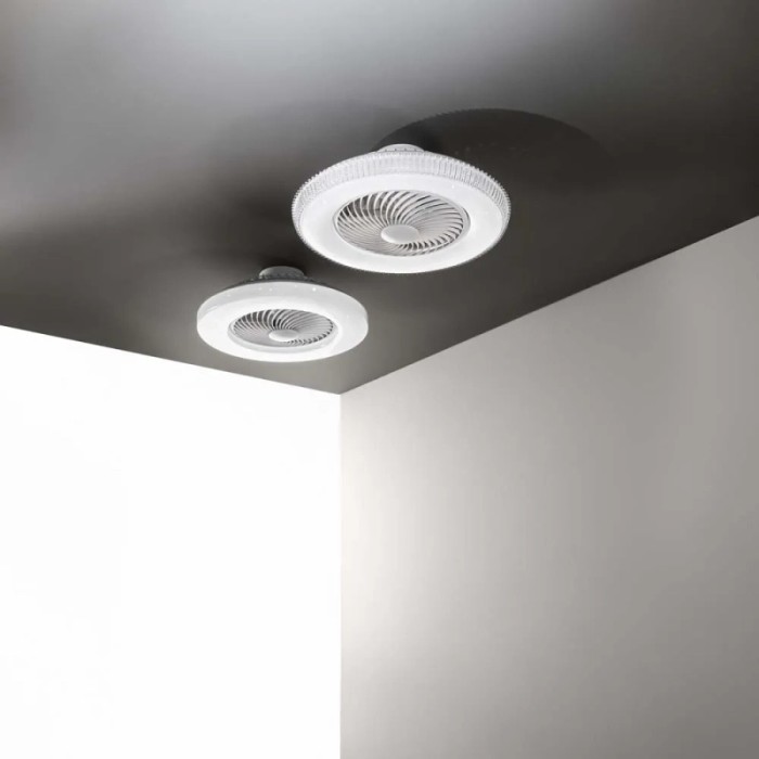 Due plafoniere LED t.b.t. rotonde bianche su un soffitto scuro.