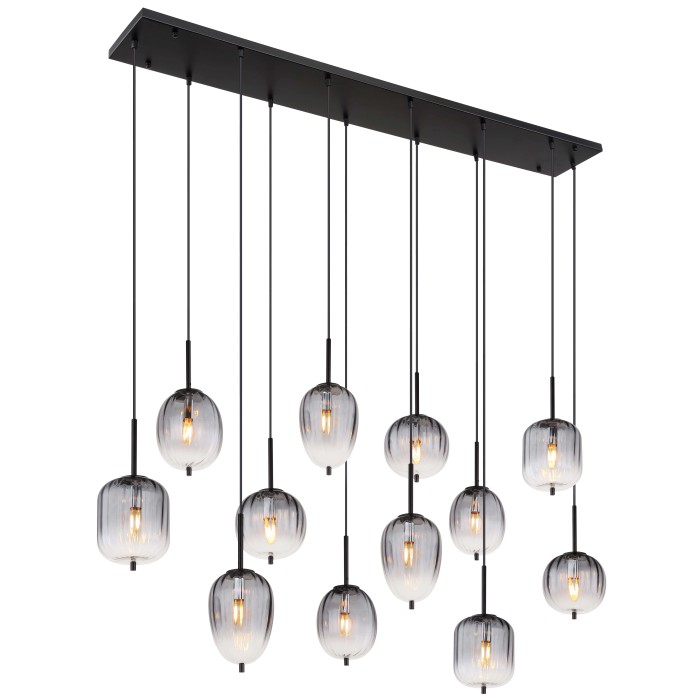 Lampada a sospensione moderna con 12 lampade in vetro grigio per sala da pranzo o soggiorno.