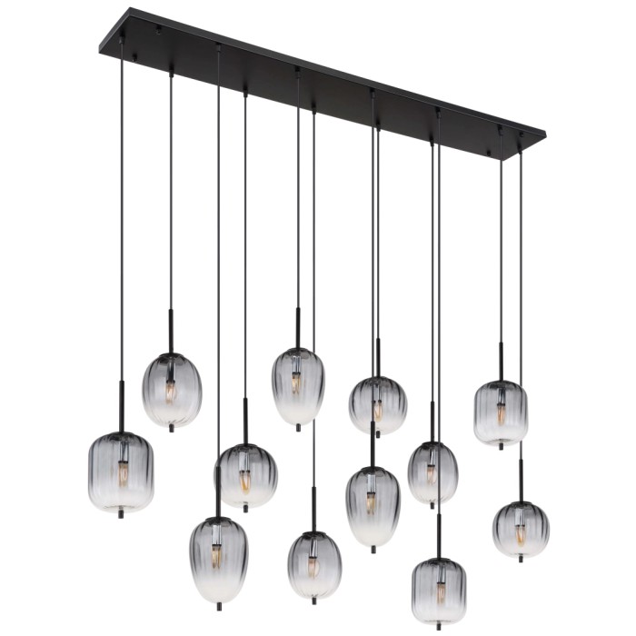 Lampada a sospensione moderna con 10 lampade in vetro grigio per sala da pranzo o soggiorno.