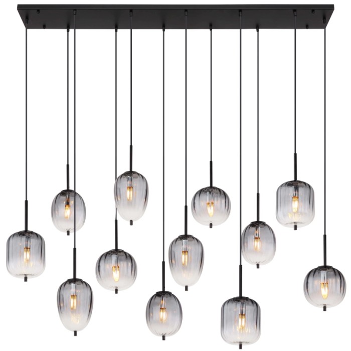 Lampada a sospensione moderna con 12 lampade in vetro grigio, ideale come lampada a sospensione.