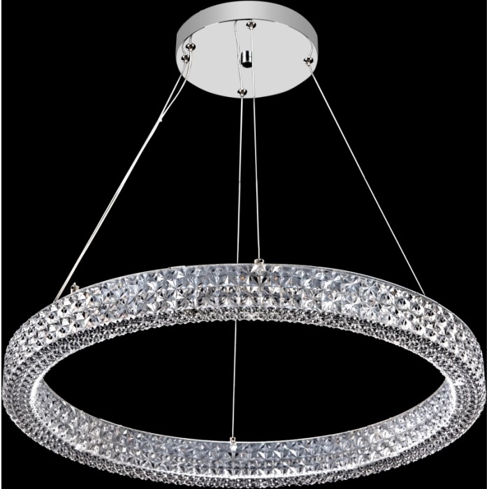 Moderna lampada a sospensione t.b.t. con anello tempestato di cristalli e sospensione cromata.