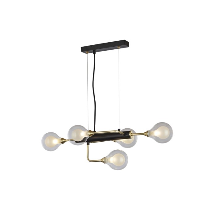 Lampada a sospensione moderna con sei lampadine in oro e nero.