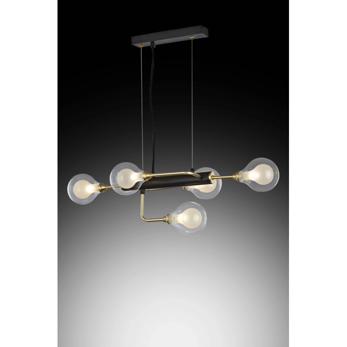 Lampada a sospensione moderna con cinque lampadine in oro e nero.