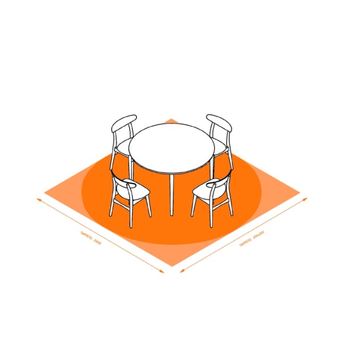 Illustrazione di un tappeto moderno sotto un tavolo da pranzo con sedie.