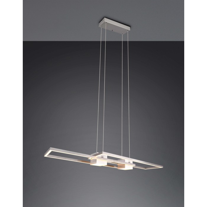 Moderna lampada a sospensione a LED con elementi rettangolari in bianco, ideale per sale da pranzo.