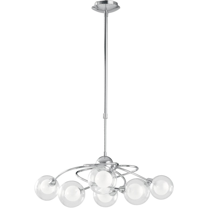 Lampada a sospensione moderna con struttura cromata e sfere di vetro multiple. Sospensioni.