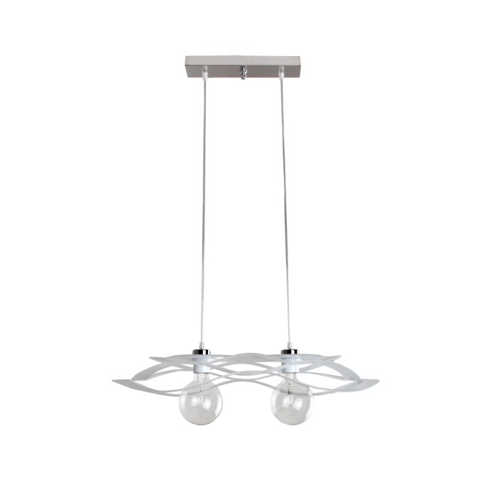 Moderna lampada a sospensione t.b.t. con due lampadine e design bianco curvo.