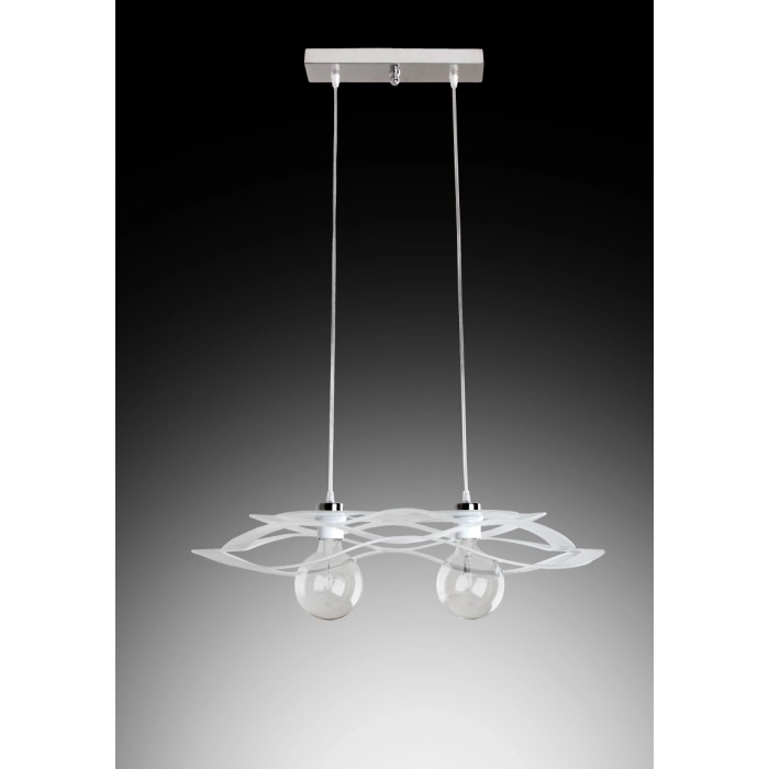 Moderna lampada a sospensione t.b.t. con due lampadine e paralume bianco ondulato.