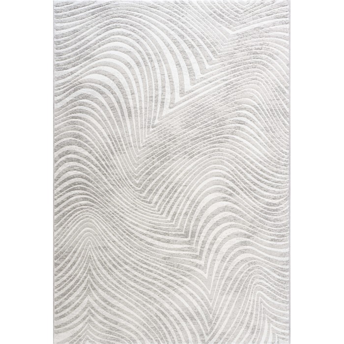 Tappeto moderno con motivo a onde astratte in grigio e bianco.