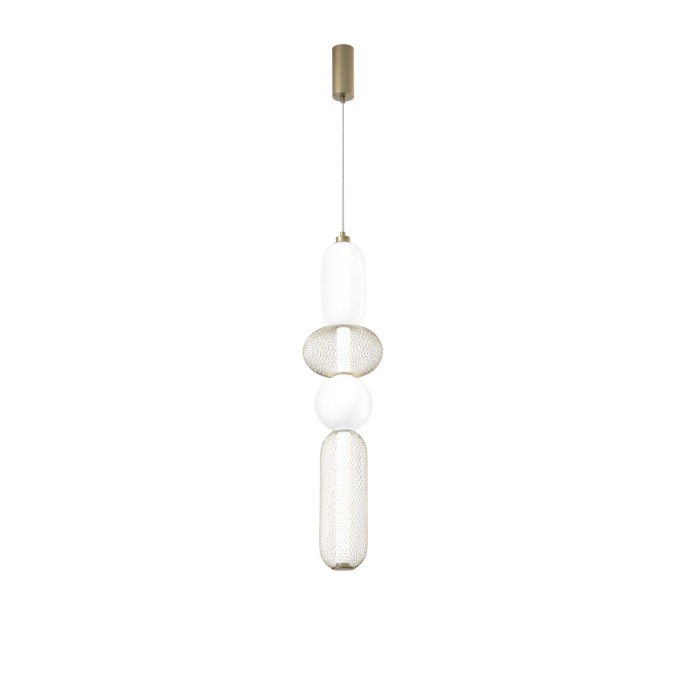 Lampada a sospensione moderna con elementi bianchi e dorati per un'illuminazione elegante.