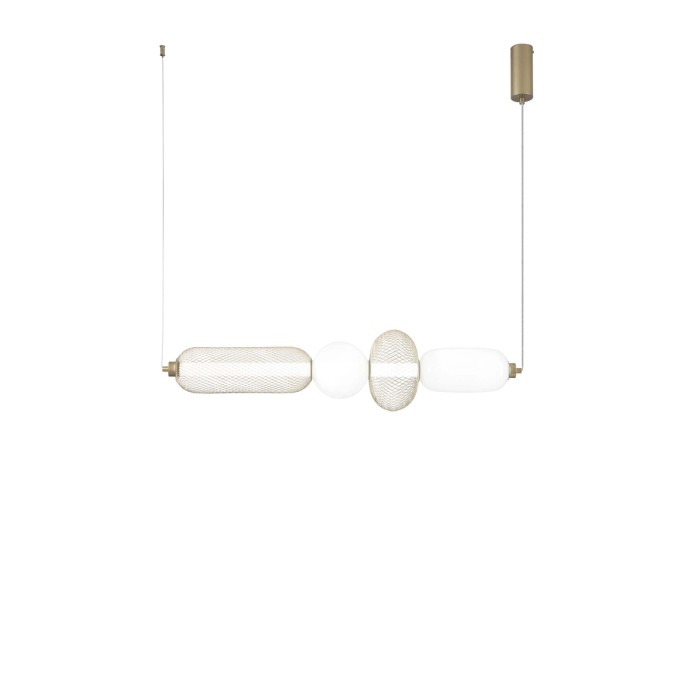 Moderna lampada a sospensione t.b.t. con dettagli dorati ed elementi decorativi in vetro.