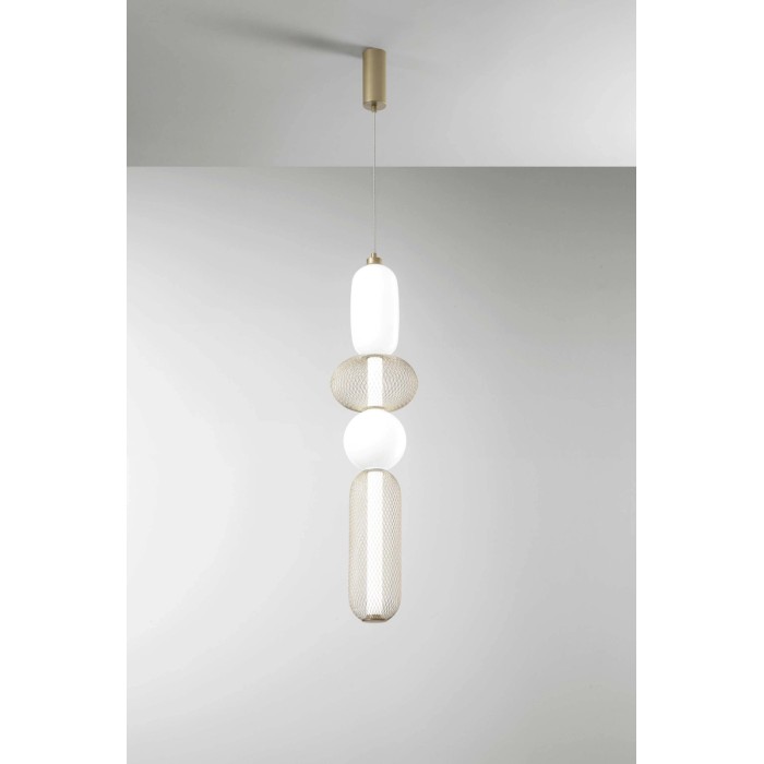 Moderna lampada a sospensione t.b.t. con elementi bianchi e dorati per spazi abitativi.