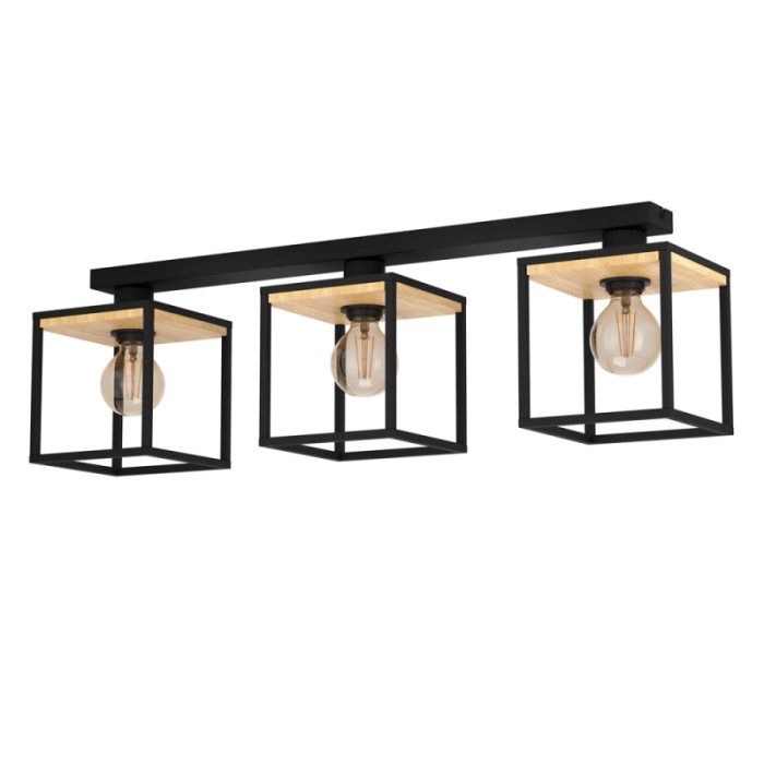 Plafoniera moderna con tre luci a forma di cubo, legno e nero.